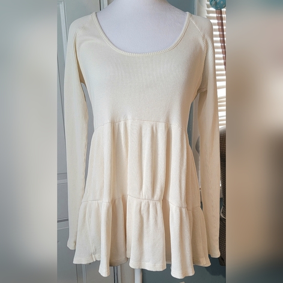 Maeve Tops - Anthropologie Maeve Samina Babydoll Tiered Thermal Top Womens M Cream Waffle Kni